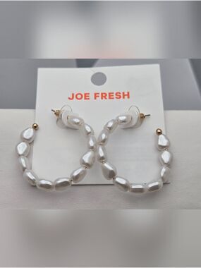 Faux Pearl Hoop Earrings Organic Shape White 1.5" New Joe Fresh